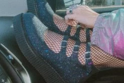 A3012L Women Black Glitter 3-Strap Pointed Mary Jane