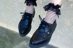 A8533 Women Black Leather Lace Up Pointed Creeper