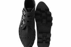 A9559 Women Black 3-Buckle Pointed Dino Lug Sole Boot