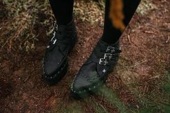 A9559 Women Black 3-Buckle Pointed Dino Lug Sole Boot