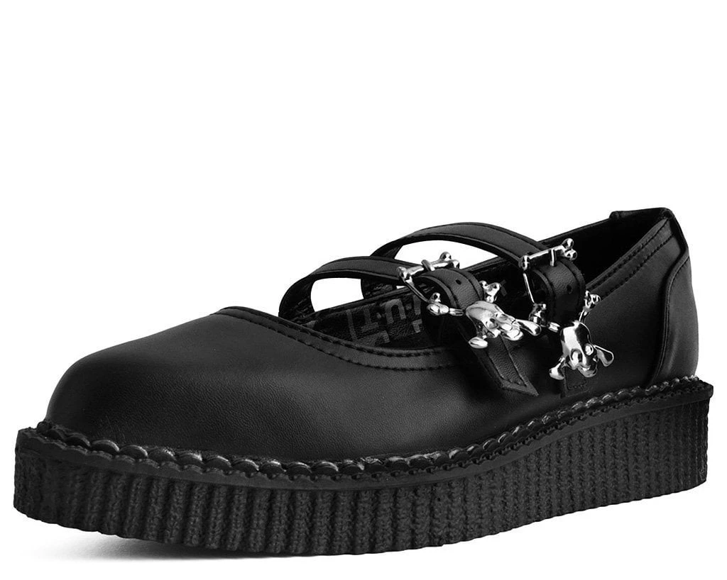 A9652L Black Skull Buckle Pointed Mary Jane Creeper