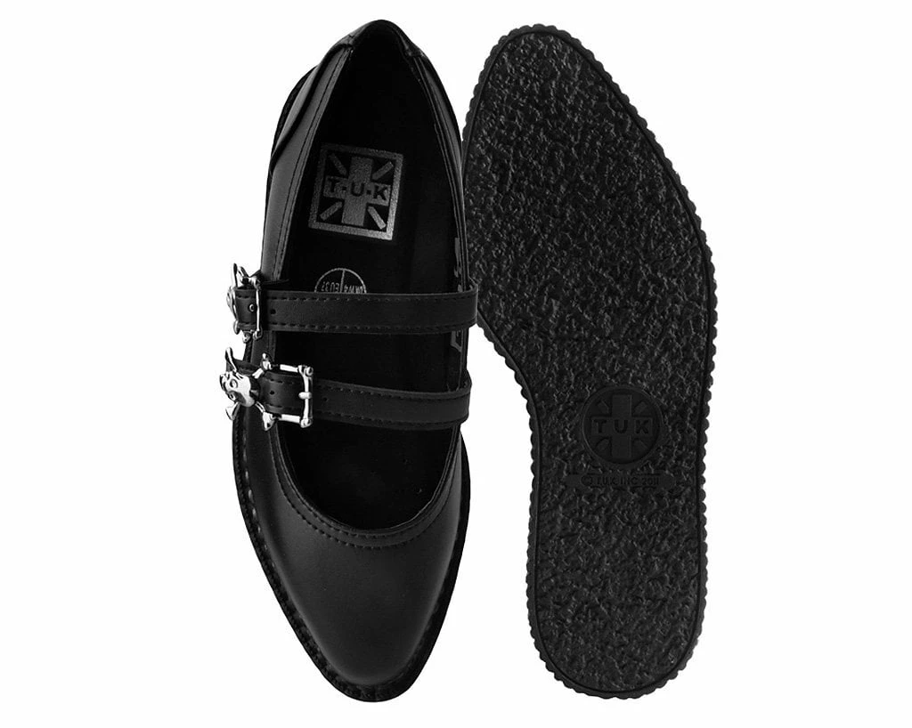 A9652L Black Skull Buckle Pointed Mary Jane Creeper