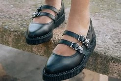 A9652L Black Skull Buckle Pointed Mary Jane Creeper