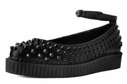 A9666L Women Black Spiked Pointed Ballet Ankle Strap Creeper