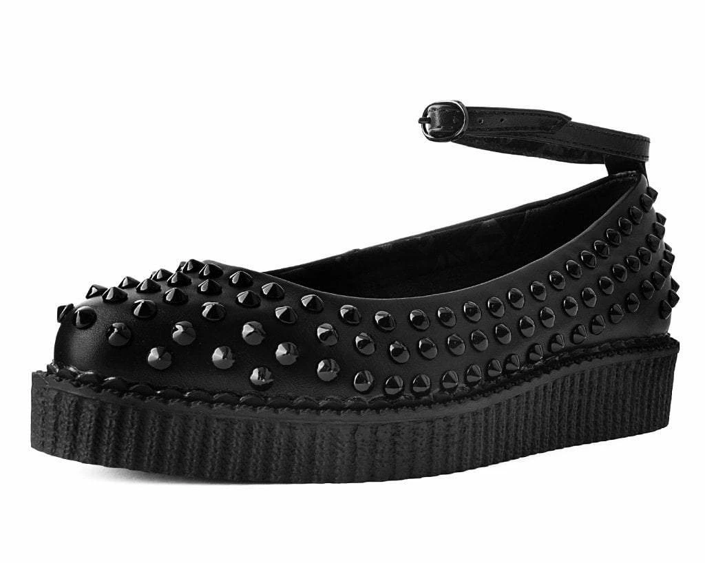 A9666L Women Black Spiked Pointed Ballet Ankle Strap Creeper
