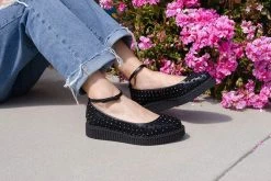 A9666L Women Black Spiked Pointed Ballet Ankle Strap Creeper