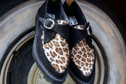 A9676 Black Suede Leopard Monk Buckle Pointed Creeper