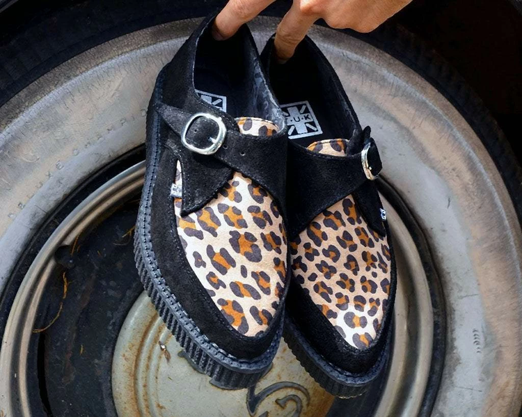 A9676 Black Suede Leopard Monk Buckle Pointed Creeper