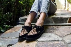 A9676 Black Suede Leopard Monk Buckle Pointed Creeper