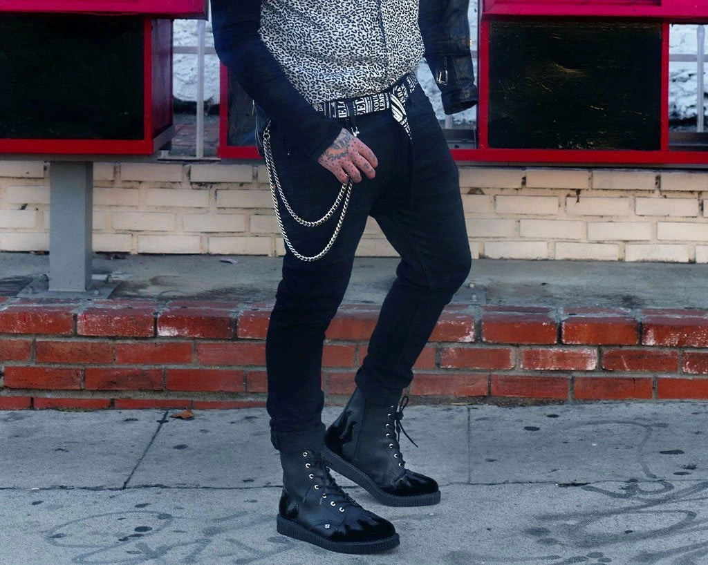 A9802 Black TUKskin⢠& Patent Flame 7-Eye Pointed Boot Women