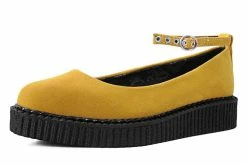 A9850L Women Mustard Faux Suede Pointed Ballet Ankle Strap Creeper