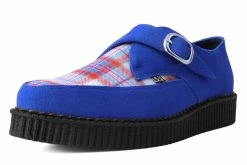 A9865 Blue Suede & Plaid Pointed Monk Buckle Creeper Women