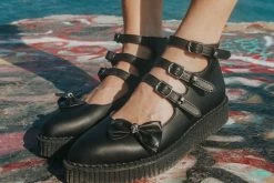 A9911L Black Tukskin™ 3-Strap Pointed Skull Bow Mary Jane