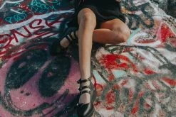 A9911L Black Tukskin⢠3-Strap Pointed Skull Bow Mary Jane