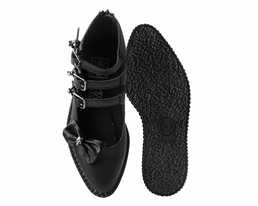 A9911L Black Tukskin⢠3-Strap Pointed Skull Bow Mary Jane