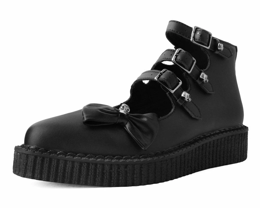A9911L Black Tukskin⢠3-Strap Pointed Skull Bow Mary Jane