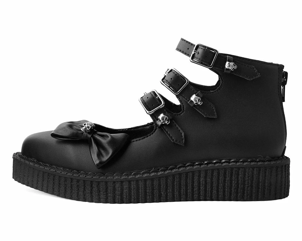 A9911L Black Tukskin⢠3-Strap Pointed Skull Bow Mary Jane