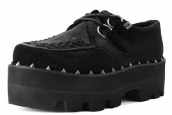 A9915 Women Black Velvet Studded Dino Lug Sole Creeper