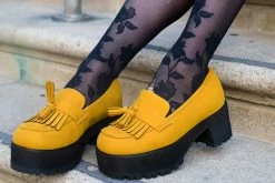 A9939L Mustard Faux Suede Fringe Loafer Platform