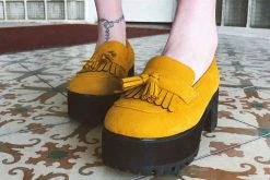 A9939L Mustard Faux Suede Fringe Loafer Platform