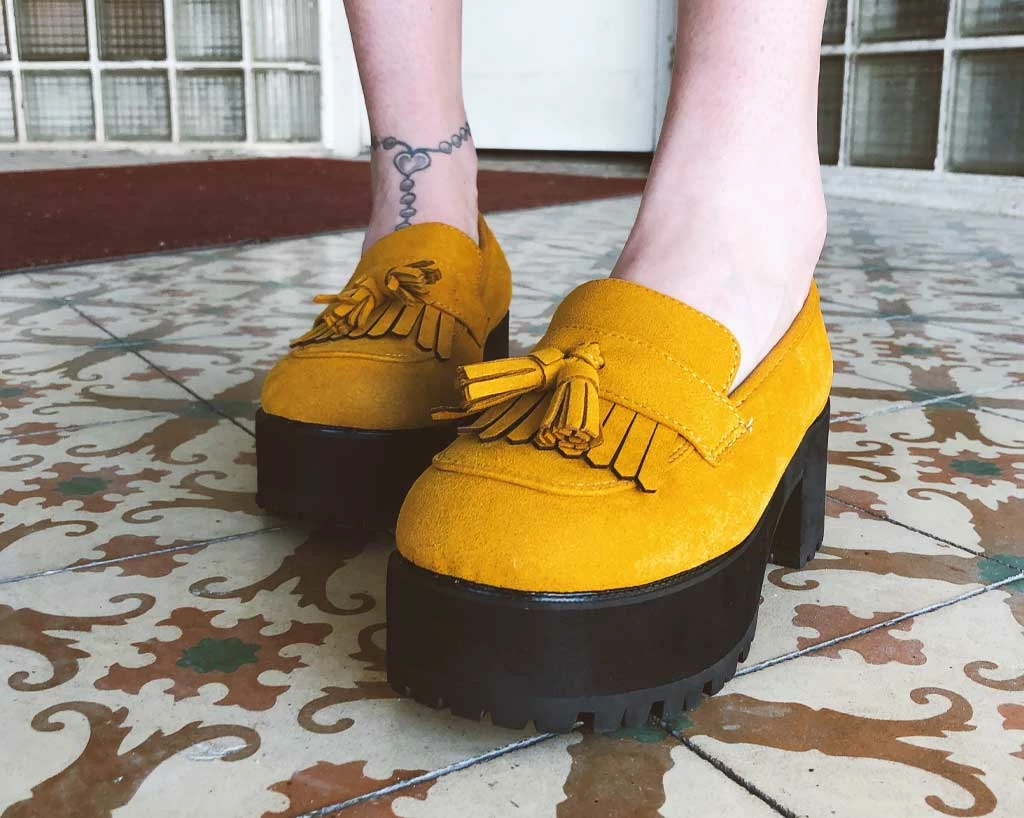 A9939L Mustard Faux Suede Fringe Loafer Platform