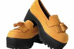 A9939L Mustard Faux Suede Fringe Loafer Platform
