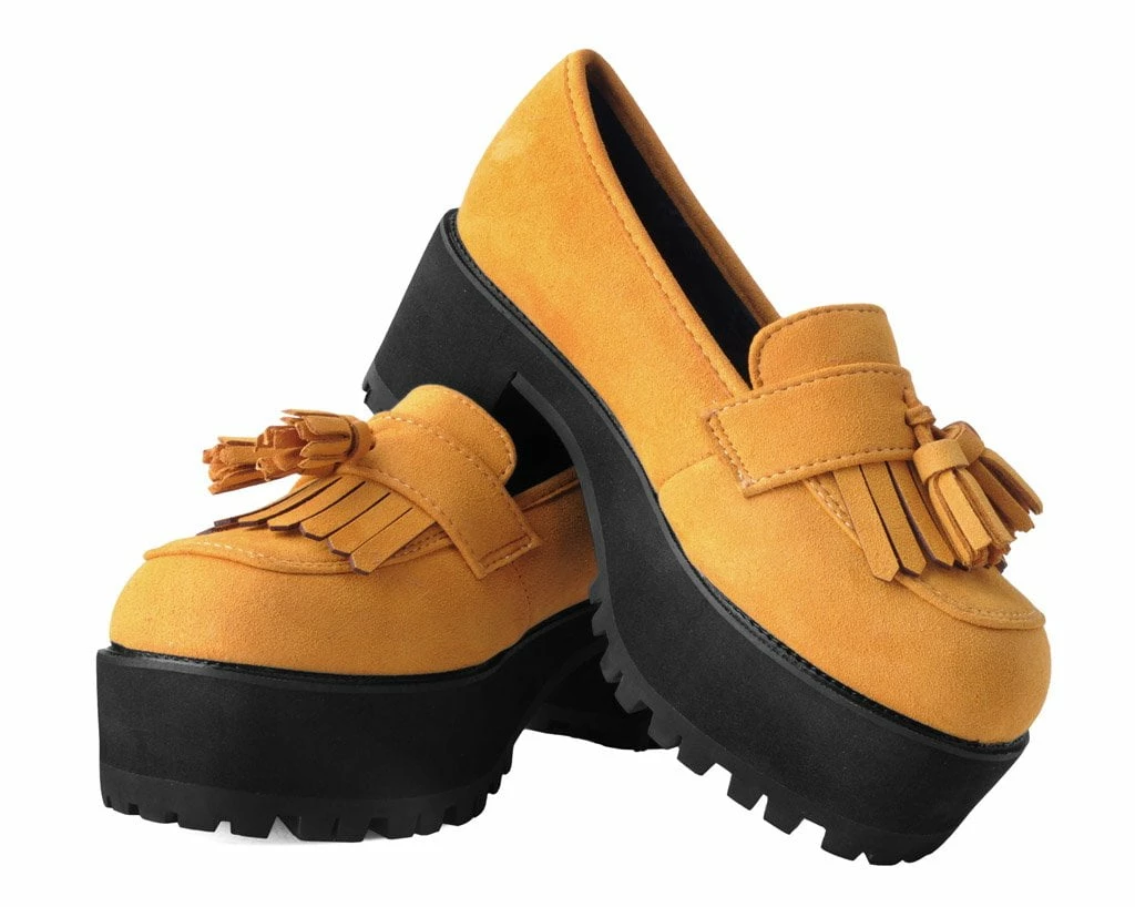 A9939L Mustard Faux Suede Fringe Loafer Platform