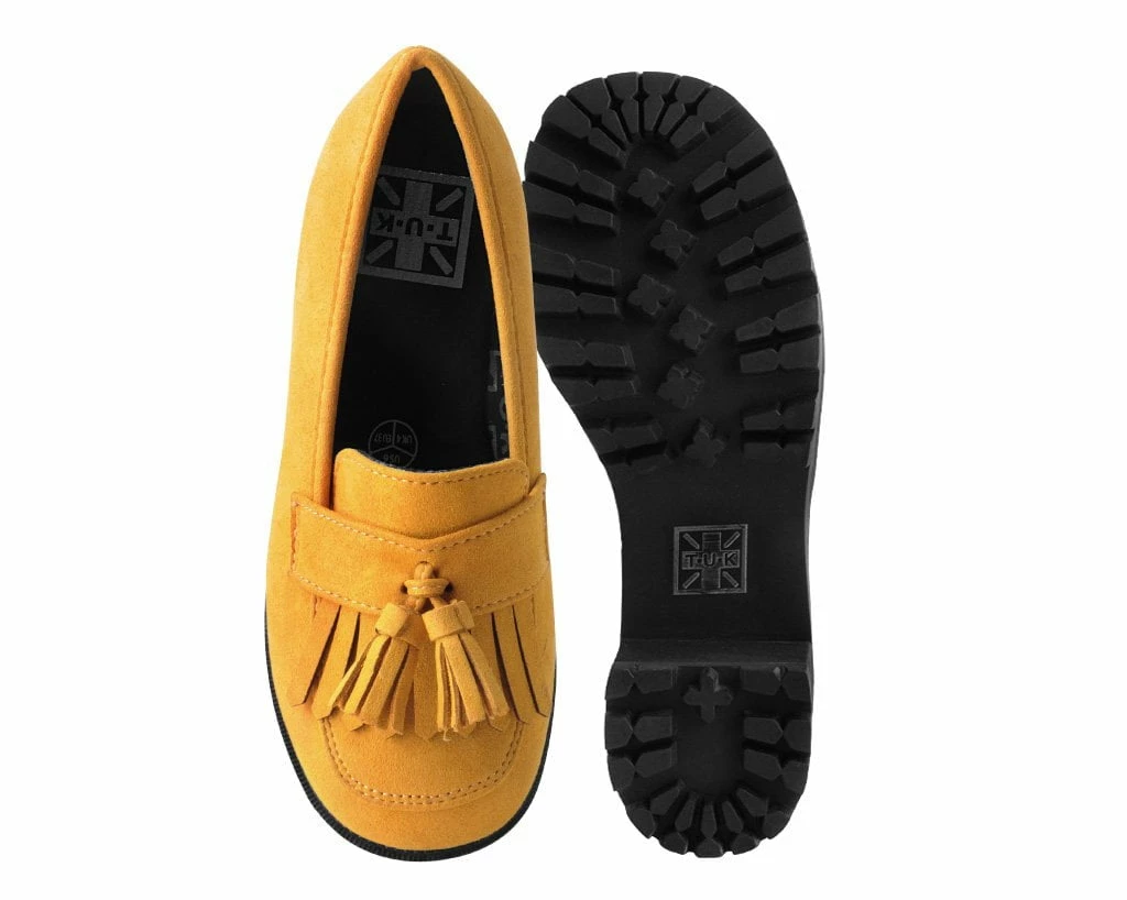 A9939L Mustard Faux Suede Fringe Loafer Platform