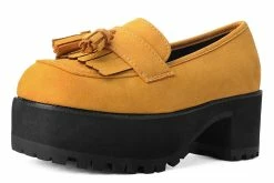 A9939L Mustard Faux Suede Fringe Loafer Platform