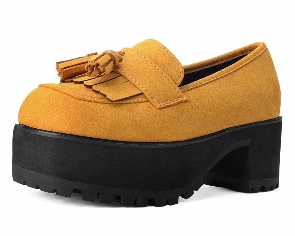 A9939L Mustard Faux Suede Fringe Loafer Platform
