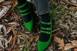 A9943L Women Jade Green Faux Suede 3-Strap Pointed Mary Jane