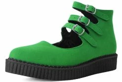A9943L Women Jade Green Faux Suede 3-Strap Pointed Mary Jane