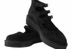 A9984L Women Black Faux Suede 3-Strap Pointed Mary Jane