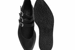 A9984L Women Black Faux Suede 3-Strap Pointed Mary Jane