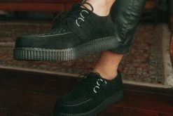 F9779 Women Black Faux Suede D-Ring Interlace Creeper