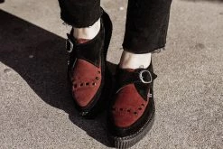 A9592 Black & Burgundy Suede Pointed Buckle Creeper Women