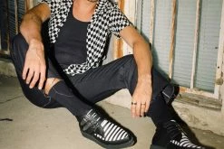 A9659 Women Black & White Stripe 3-Buckle Pointed Boot