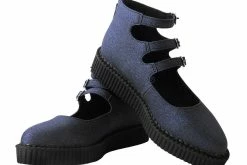 A3012L Women Black Glitter 3-Strap Pointed Mary Jane