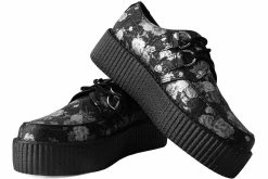 V9923 Black & Silver Rose Print D-Ring Mondo Creeper Women