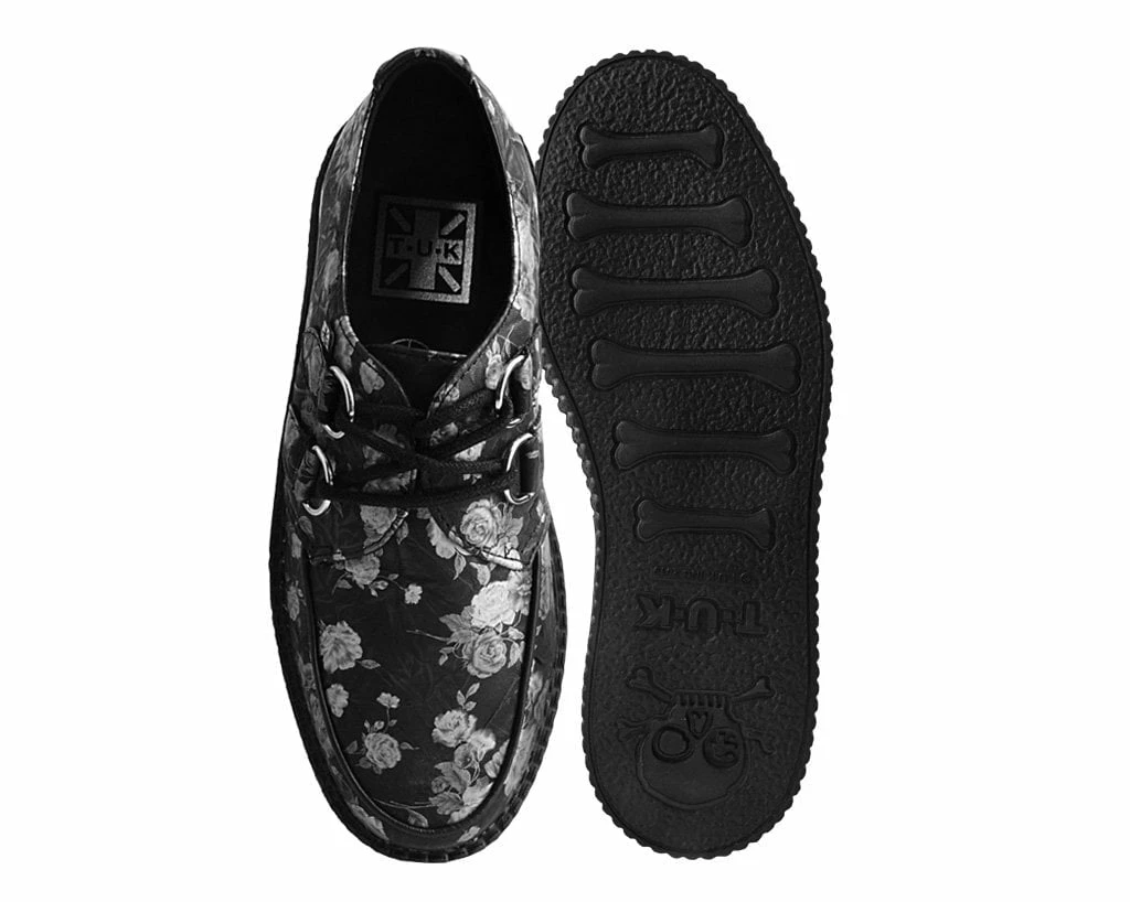 V9923 Black & Silver Rose Print D-Ring Mondo Creeper Women