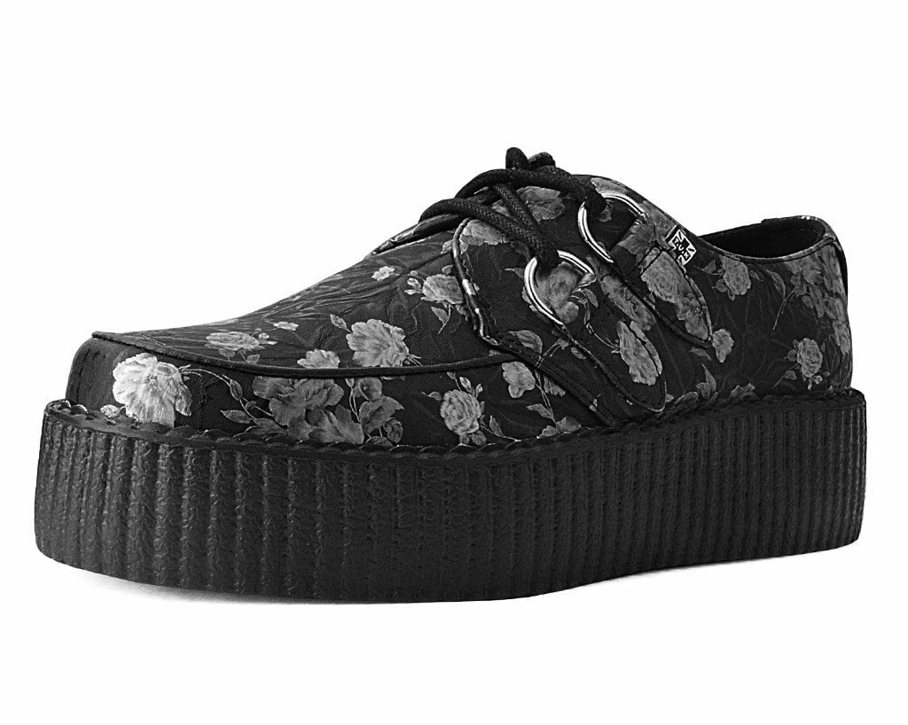 V9923 Black & Silver Rose Print D-Ring Mondo Creeper Women